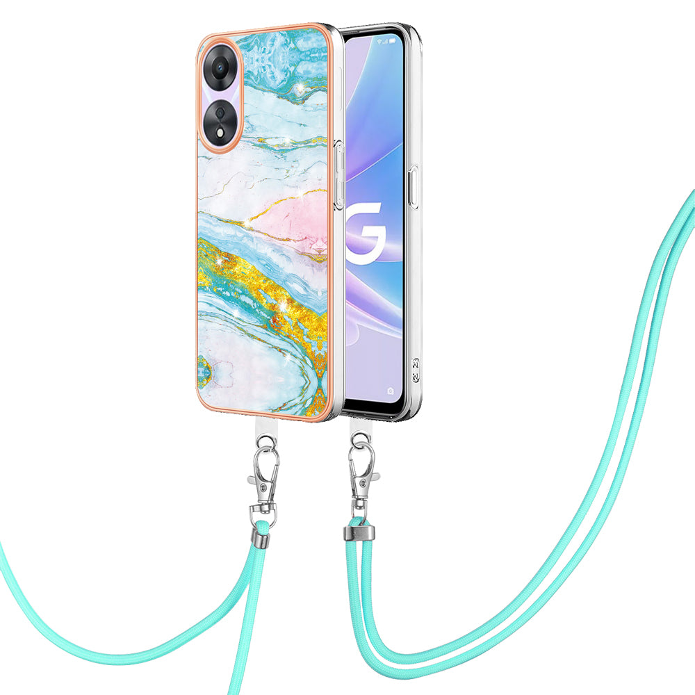 YB IMD Series-9 For Oppo A78 / A58 5G Electroplating Frame TPU Cover IMD Marble Pattern Phone Case with Lanyard - Green 004 YB IMD Series-9 For Oppo A78 / A58 5G Electroplating Frame TPU Cover IMD Marble Pattern Phone Case with Lanyard - Green 004